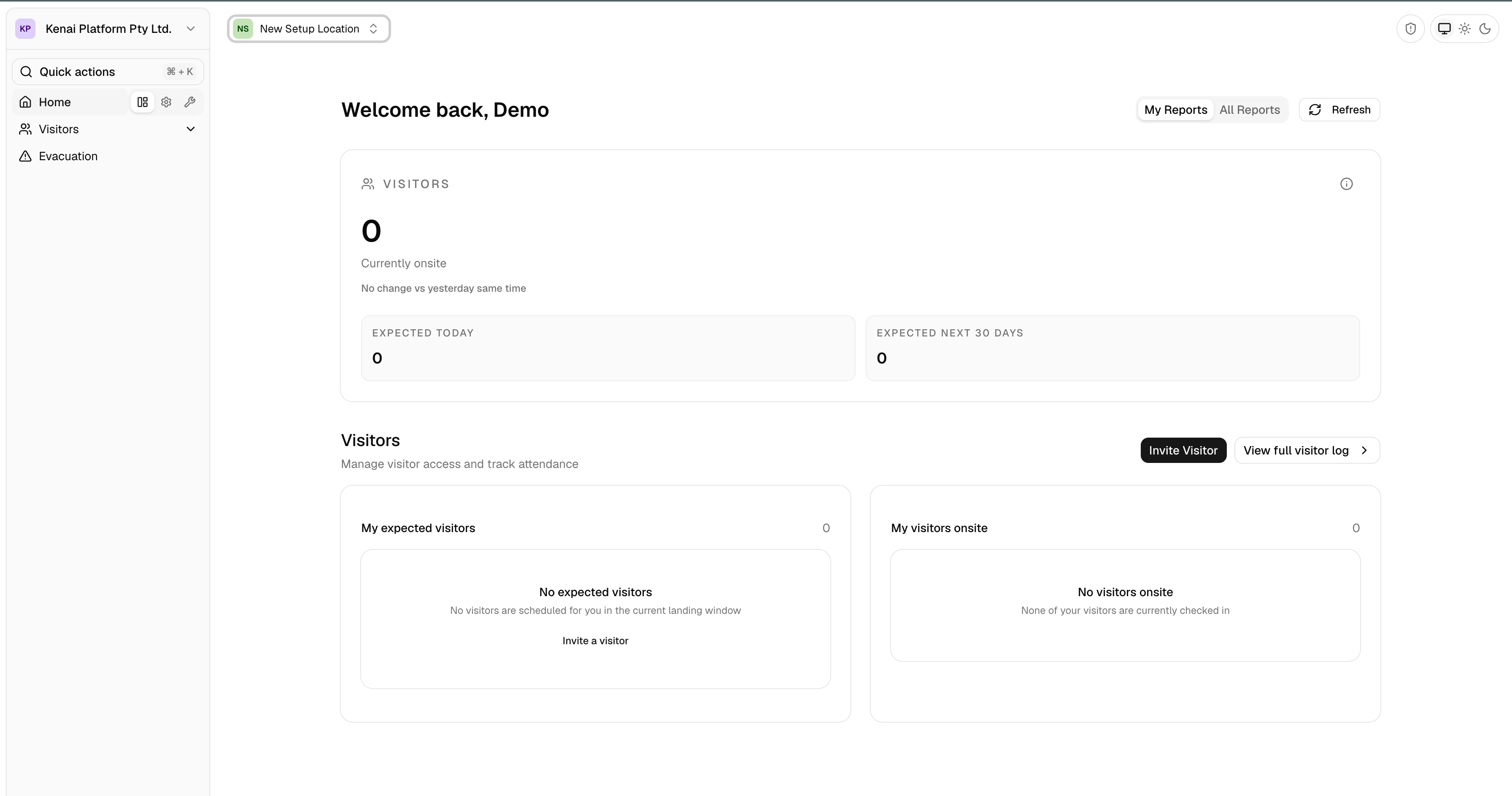 Kenai dashboard on first sign-in